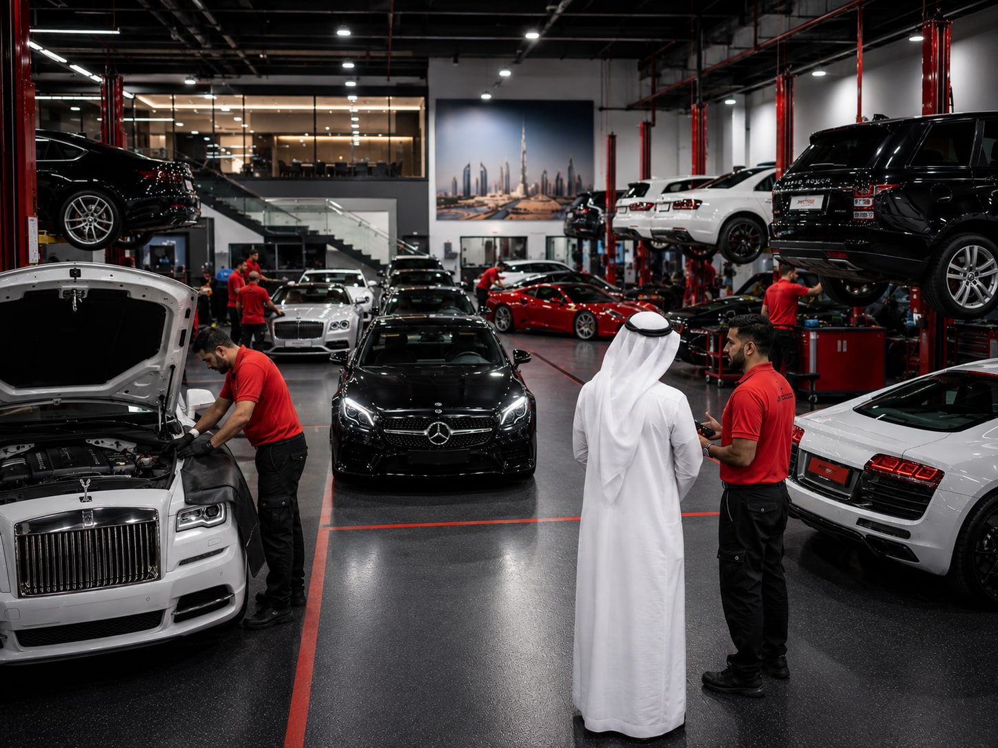 A to Z Car Service workshop in Dubai, with vehicles on lifts across the service bays