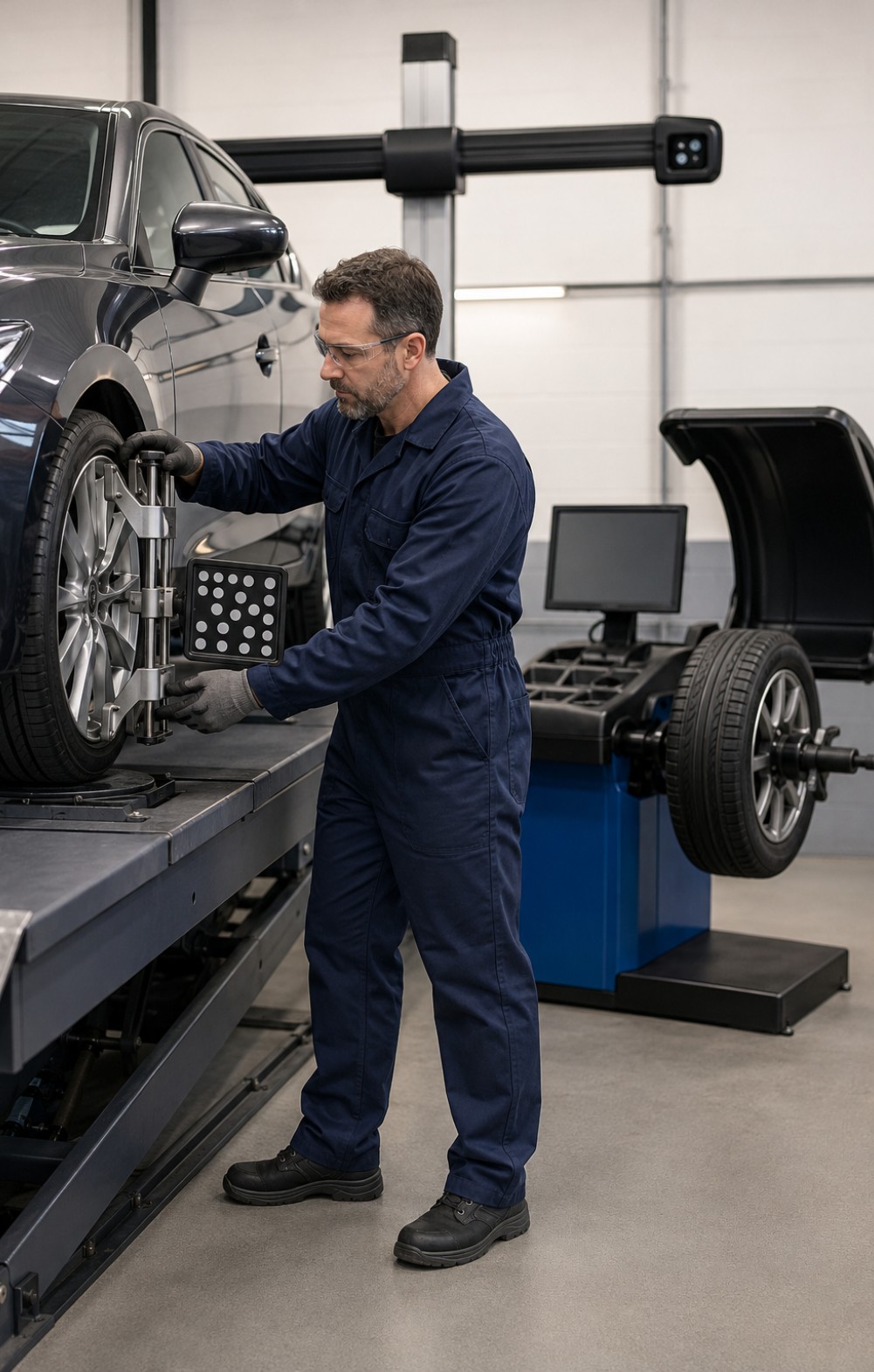 Wheel alignment being measured on the rig