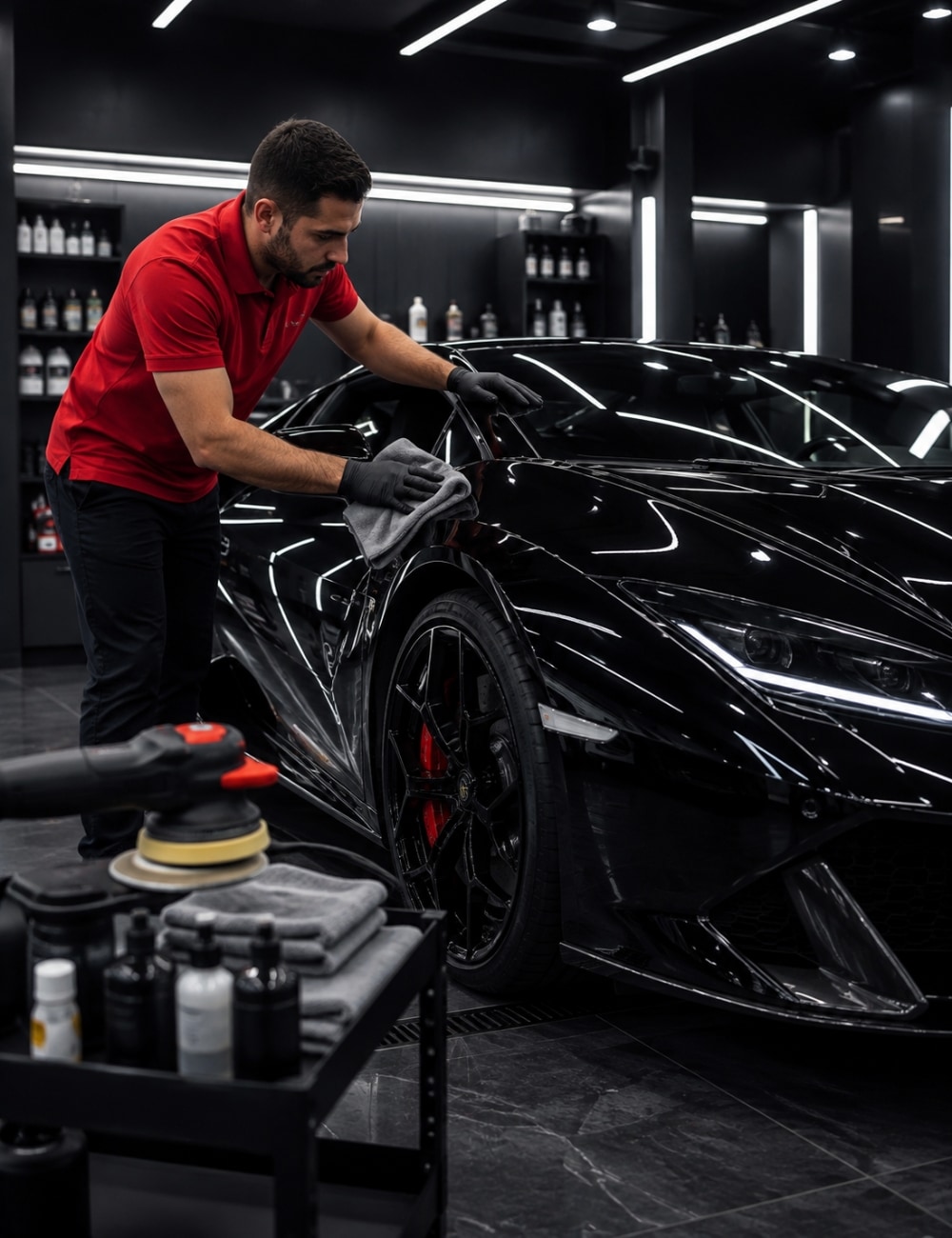 A to Z technician detailing a car in the workshop