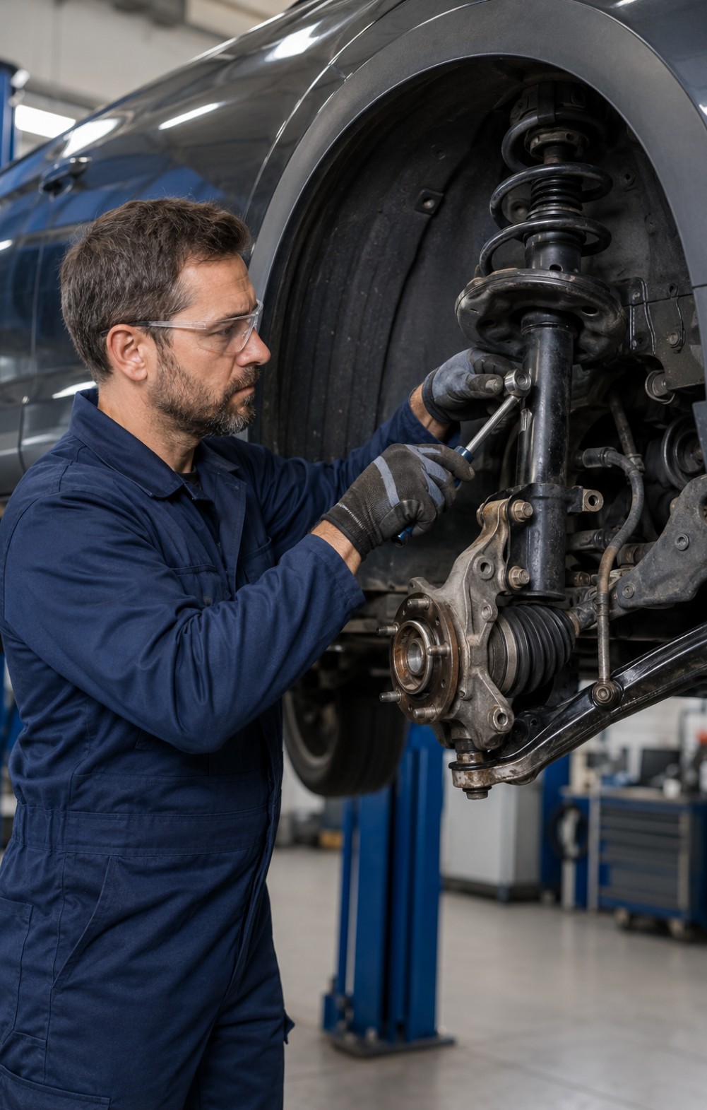 Strut and coil spring assembly on a lifted car