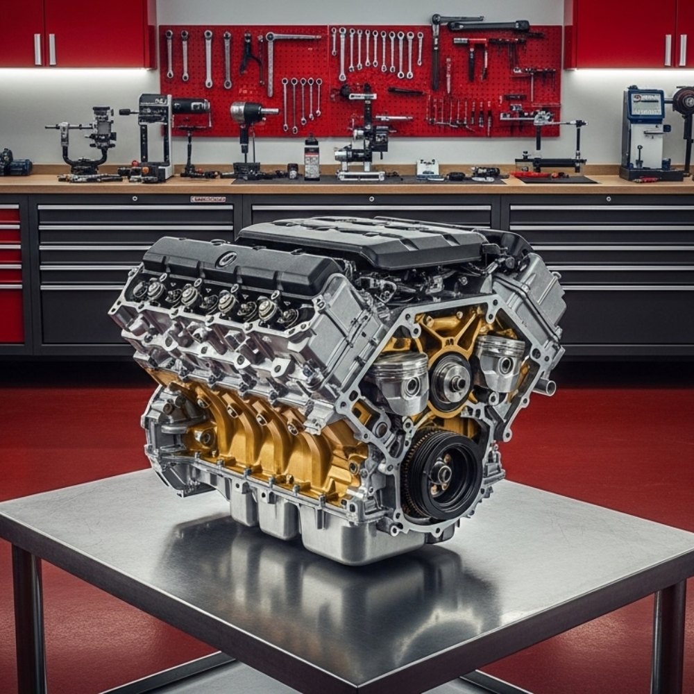 Rebuilt V8 engine on a workshop bench