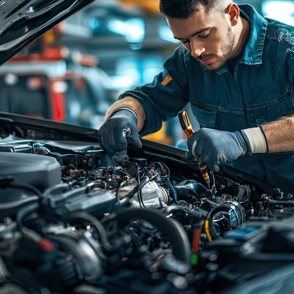 Technician working on an engine bay during a general service