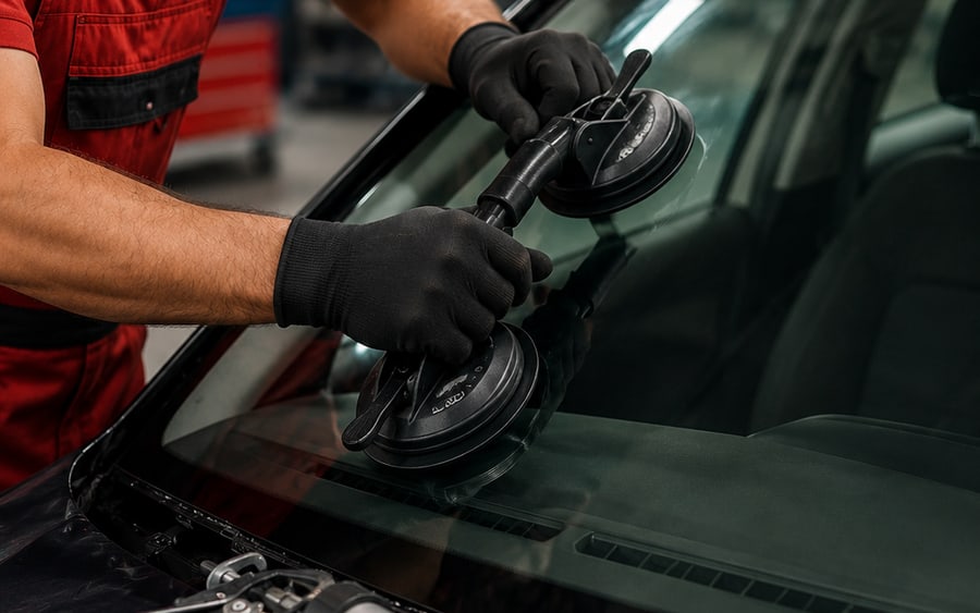 Technician fitting new auto glass to a Brabus at our Dubai workshop