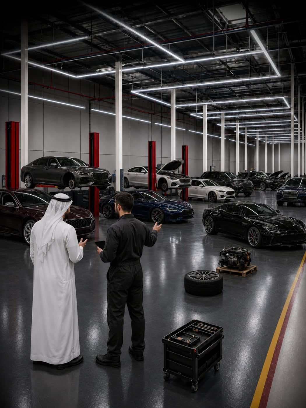 Range-Rover cars being worked on at the A to Z workshop floor in Dubai