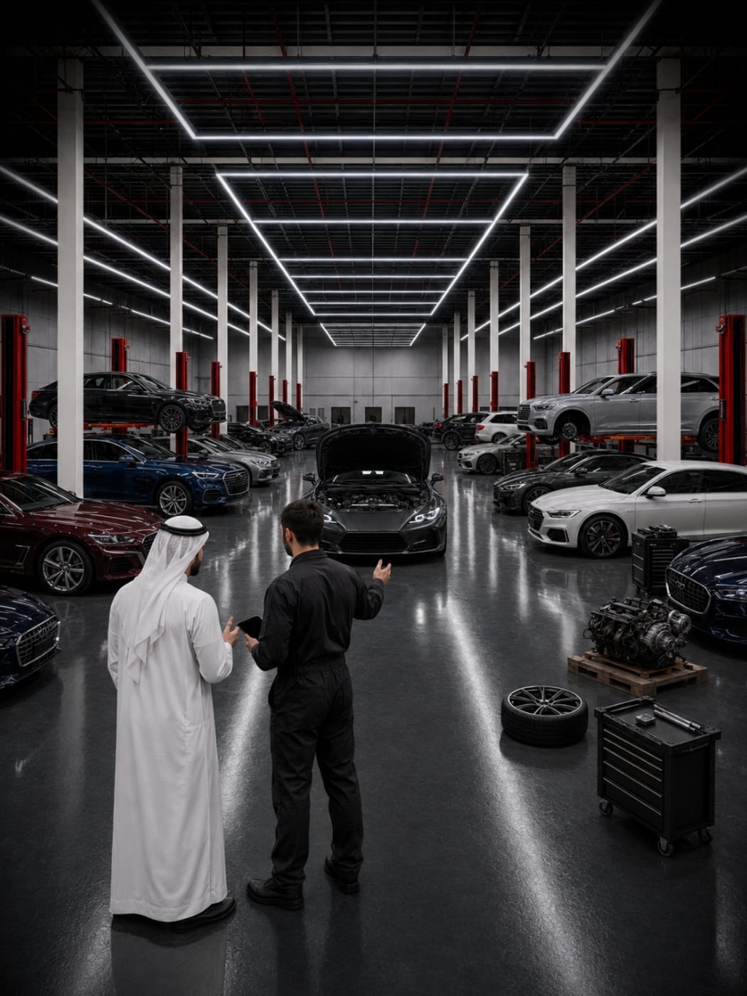 Bugatti cars being worked on at the A to Z workshop floor in Dubai